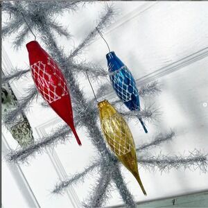 Vintage Christmas Ornaments Teardrop Icicle Glass Glittered Stencil No Caps SET3